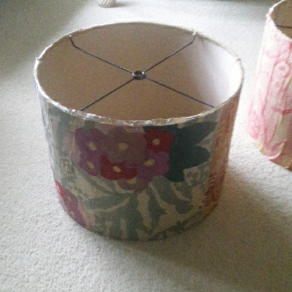 Floral Pattern Drum Lampshades, in Green and Pink, Handmade Possibly Paper Mache